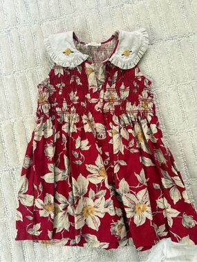 Girls' Red Floral Smocked Dress with Embroidered Collar